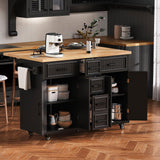 K&K 56.5'' Kitchen Island with Drop Leaf, Power Outlet, Embossed Vertical Stripe