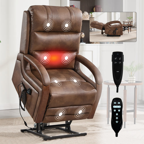 Brown Leather Lift Recliner Chair Dual Motor 350 LBS Heat Massage
