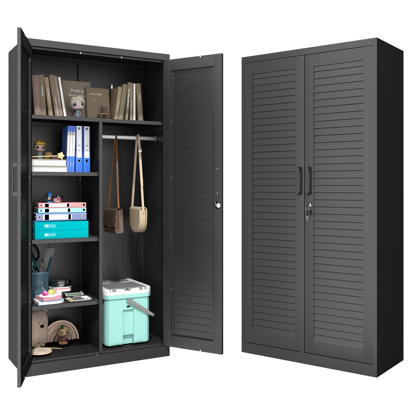 Black Metal Storage Cabinet with Locking Doors and Shelves