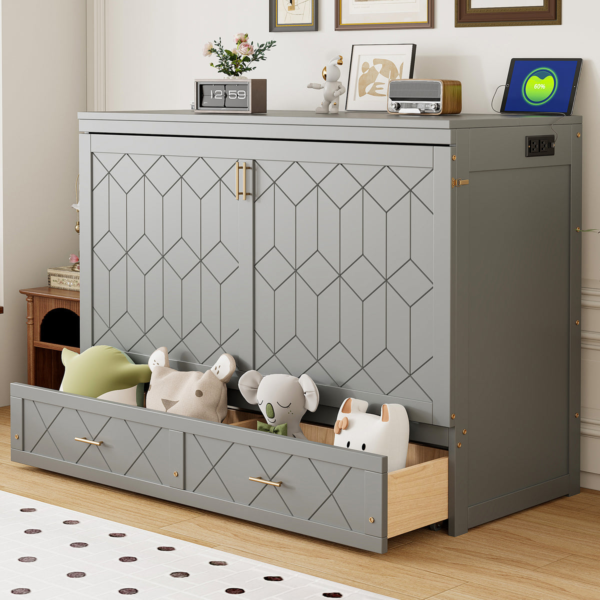 Queen Engineered Wood Murphy Bed Gray