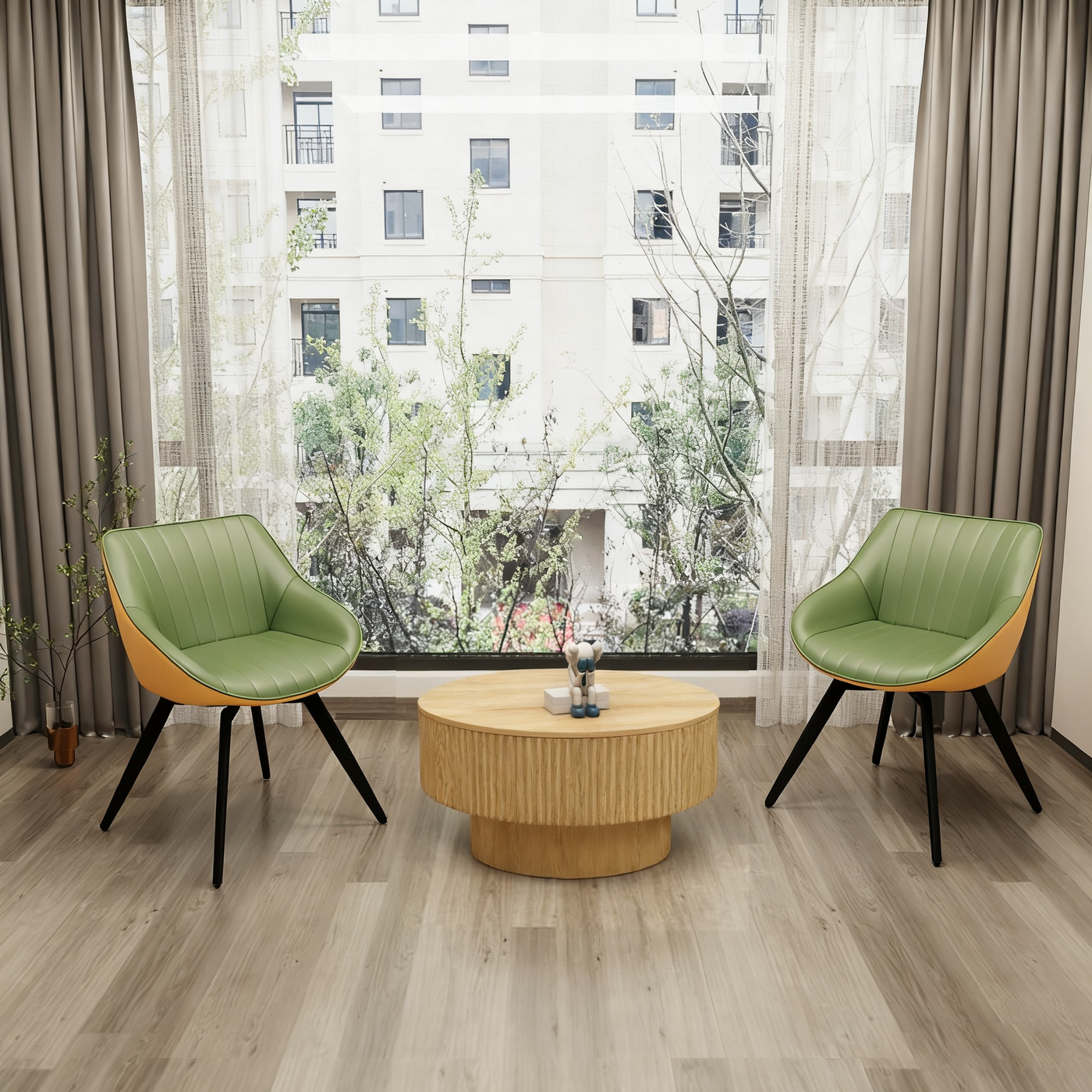 29.53 'MDF modern round coffee table and 2 PU dining chairs set, ring-striped