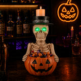 Halloween Skeleton Figurine with Pumpkin Candy Bowl & Candle Holder, Spooky Tabl
