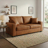 Light Brown Foil Fabric Two-Seater Sofa with Throw Pillows, Wood and Fabric Construction, 69-Inch Compact Design