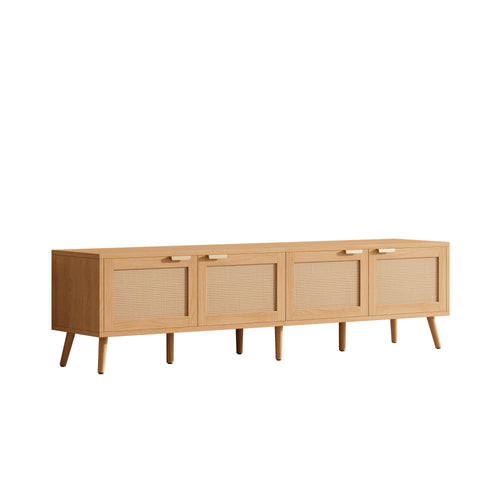 70" Modern TV Stand with Rattan Doors, Natural Wood Media Console