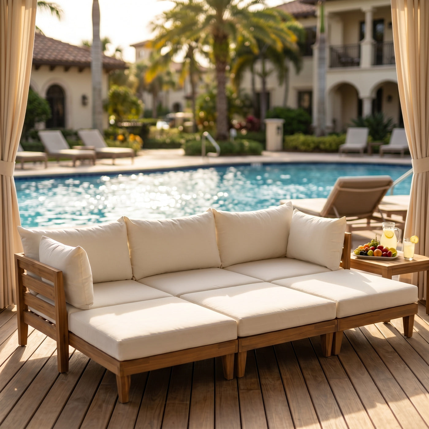 TOPMAX Outdoor Large 96.3' W Daybed Acacia Wood 6-Piece Patio Sofa Set with 5 Pillows and 6 Cushions for Backyard, Poolside, Graden ,Indoor Use, Light Teak&Beige Cushion