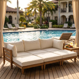 TOPMAX Outdoor Large 96.3' W Daybed Acacia Wood 6-Piece Patio Sofa Set with 5 Pillows and 6 Cushions for Backyard, Poolside, Graden ,Indoor Use, Light Teak&Beige Cushion