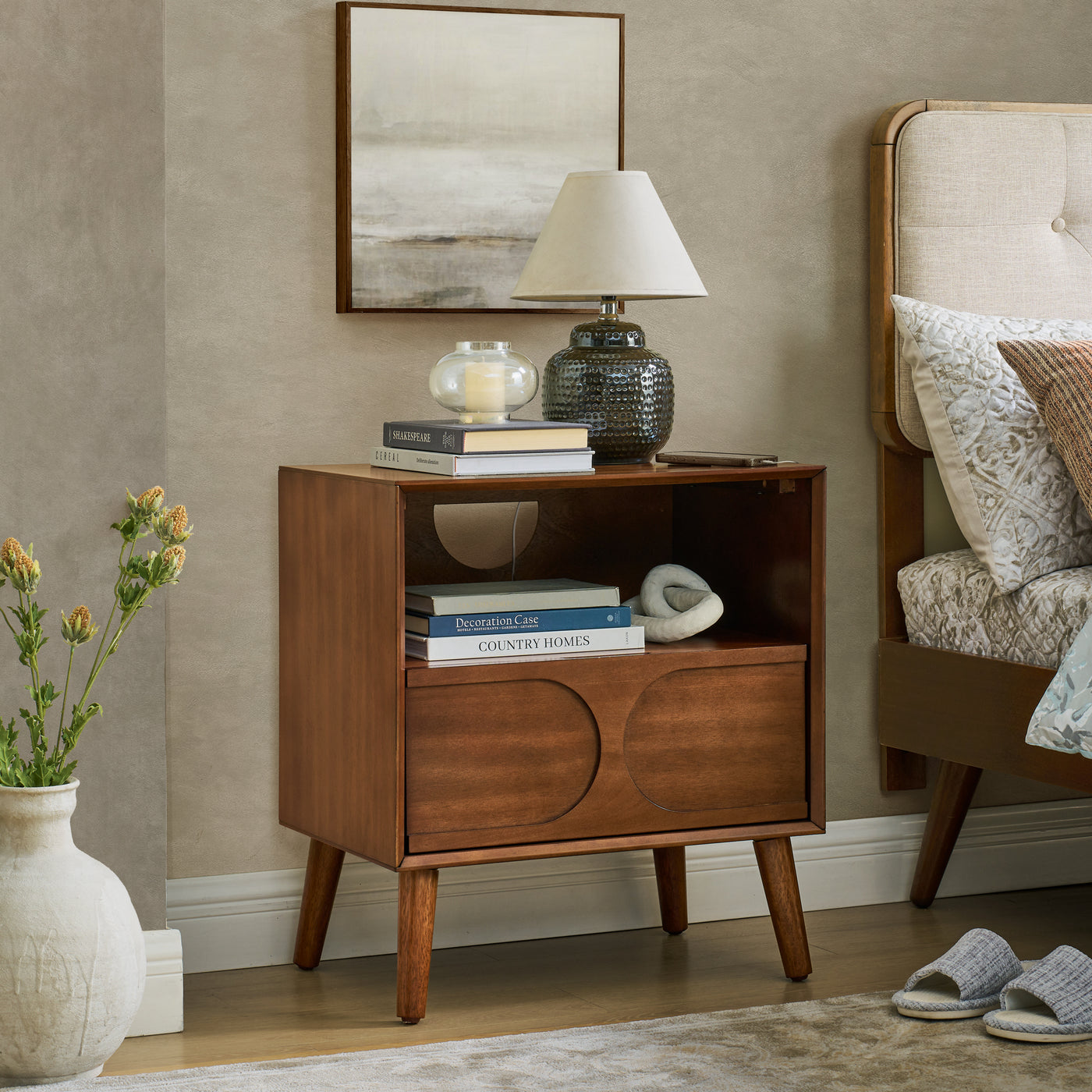 Mid Century Modern Walnut Nightstand with USB Charging