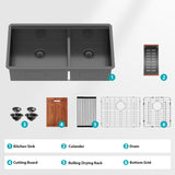 Double Bowl (60/40) Undermount Kitchen Sink- 36"x19"x10" Gunmetal Black 16 Gauge