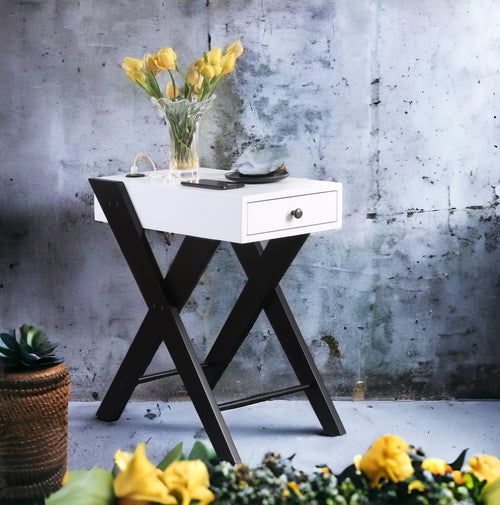 White and Black Accent Table with USB Port