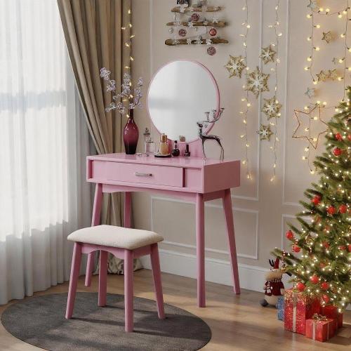 Vanity & Stool Set - Contemporary - Wood - Pink - Storage Drawer