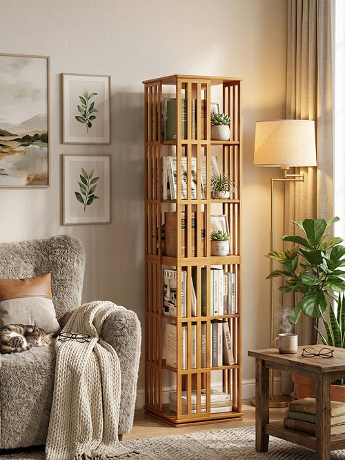 6 Tier Rotating Bamboo Bookshelf Tower 360 Degree Spinner