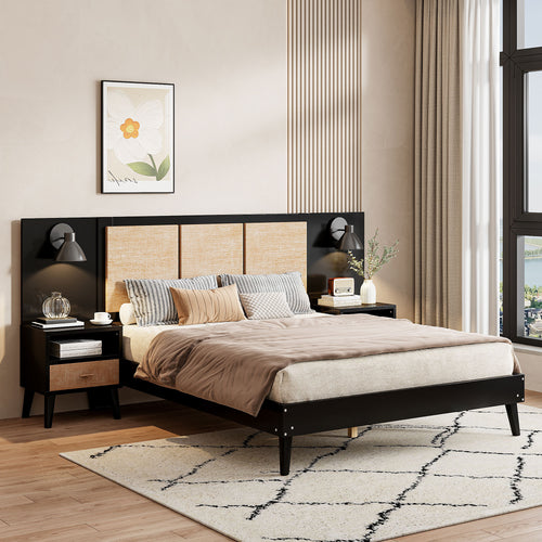 Queen Size Solid Wood Bed Frame with 2 Nightstands, Elegant Design with Lamps, Rattan and Wood Combination,Black