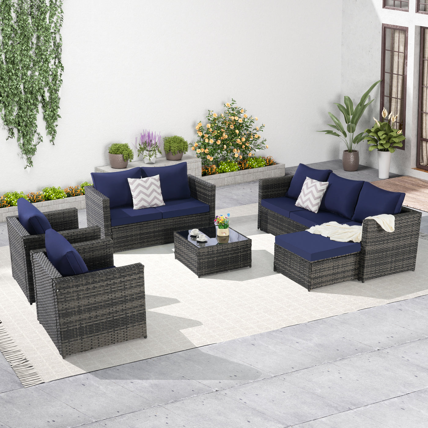 Outdoor Patio Set PE Rattan Steel Dark Blue Cushion 6 Piece Seats 8