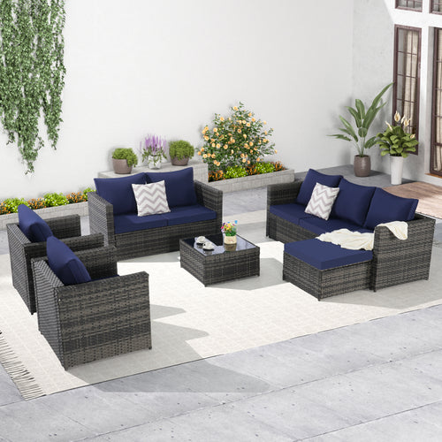 Outdoor Patio Set PE Rattan Steel Dark Blue Cushion 6 Piece Seats 8