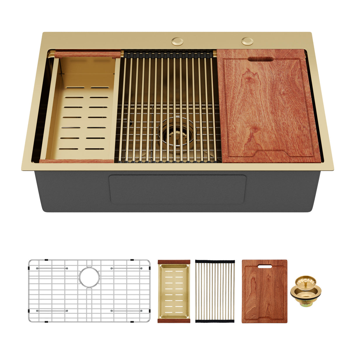 Gold Finish 36' Drop-in Kitchen Sink with Workstation Ledges - 16 Gauge T304 Sta