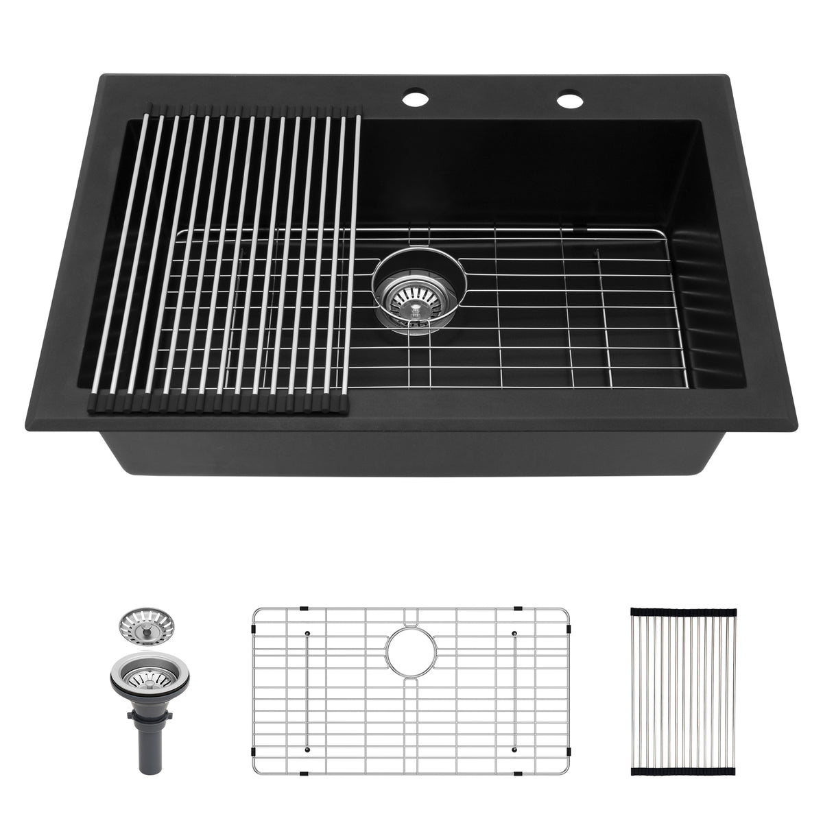Quartz Kitchen Sink - 33' x 22' Black Granite Composite Drop-In Sink with Durabl