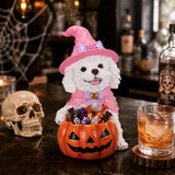 Halloween White Teddy Puppy Figurine, Witch Dog Holding Pumpkin Candy Bowl Decor
