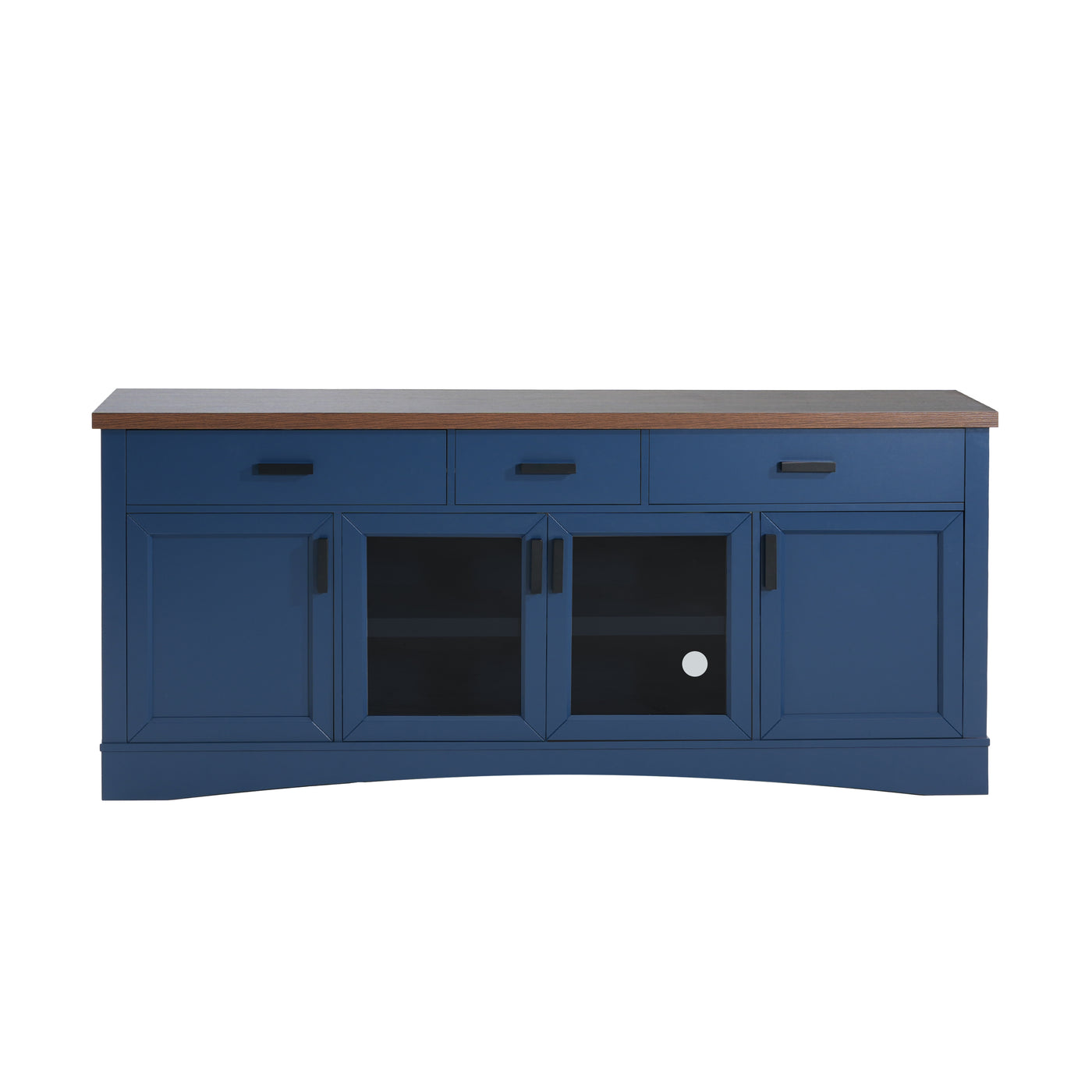 Modern Blue TV Console with Walnut Top, 67' Width Storage Stand, Glass Doors & Adjustable Shelves, Blue MDF Frame