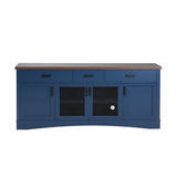 Modern Blue TV Console with Walnut Top, 67' Width Storage Stand, Glass Doors & Adjustable Shelves, Blue MDF Frame