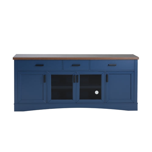 Modern Blue TV Console with Walnut Top, 67' Width Storage Stand, Glass Doors & Adjustable Shelves, Blue MDF Frame