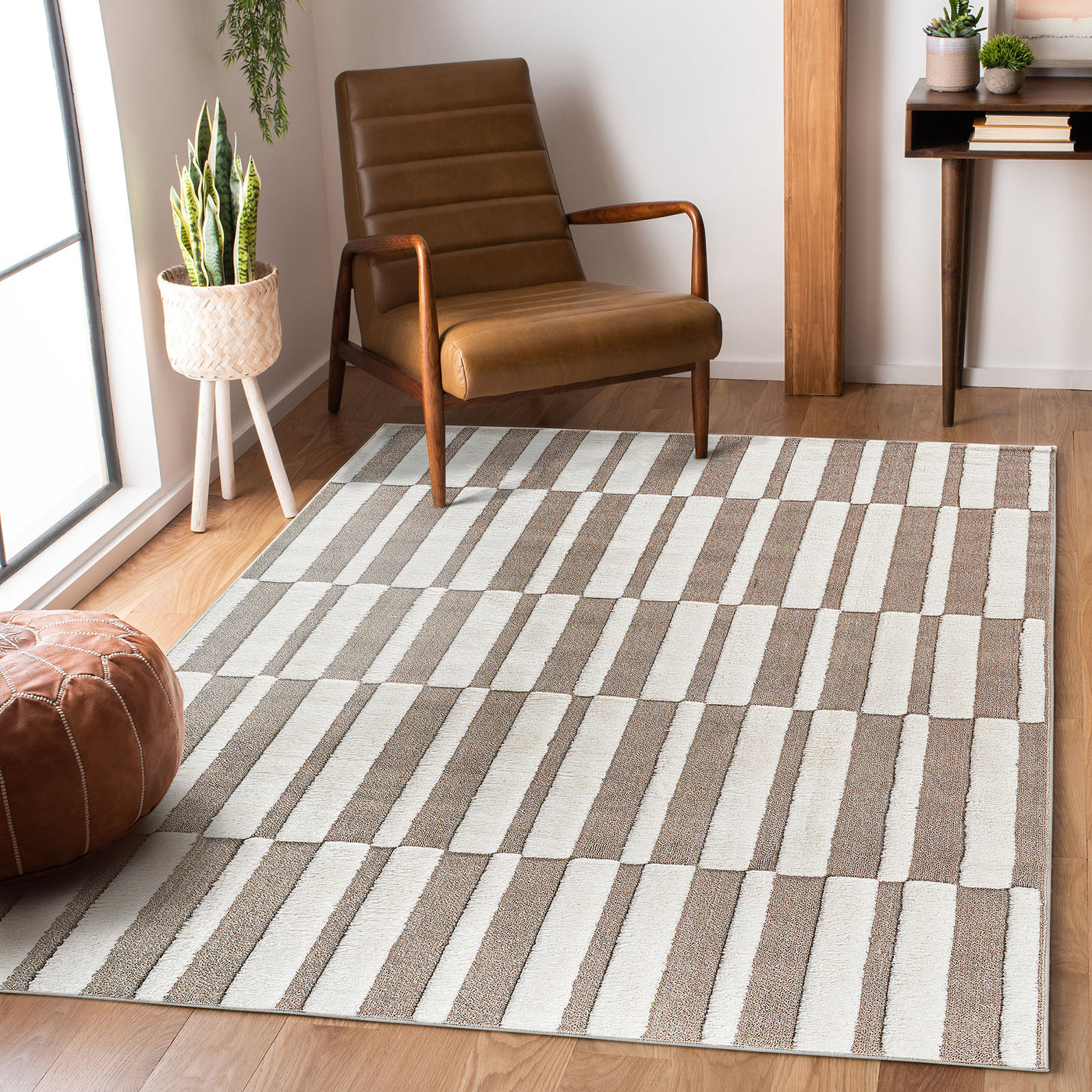 Step Collection High-Low Striped Beige/Cream Indoor Area Rug, 120*93 inch inch inch, Modern, Contemporary, Geometric, Bohemian, Bedroom, Kitchen, Living Room, Non Shedding Carpet