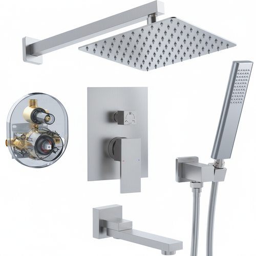 12" Brushed Nickel Wall Mount Shower System with Handheld Spray