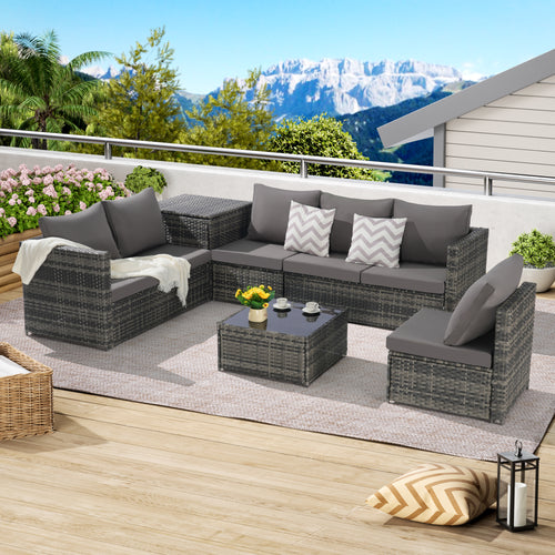 Outdoor Sectional Set PE Rattan Steel Dark Gray L-Shape 6 Piece Seats 8