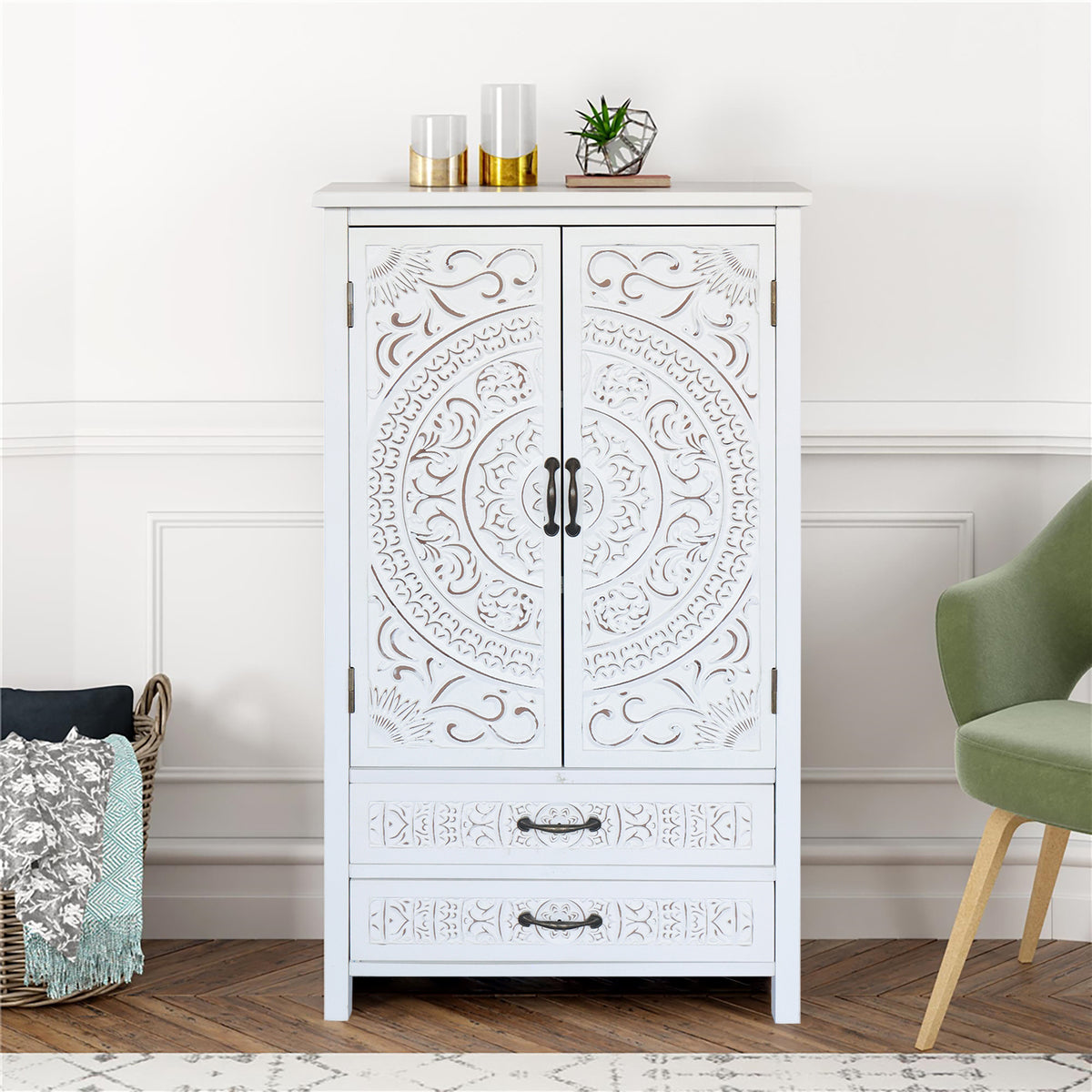 27'' Accent Tall Tower White Storage Cabinet - Rustic Wood Sideboard Pantry Cabi