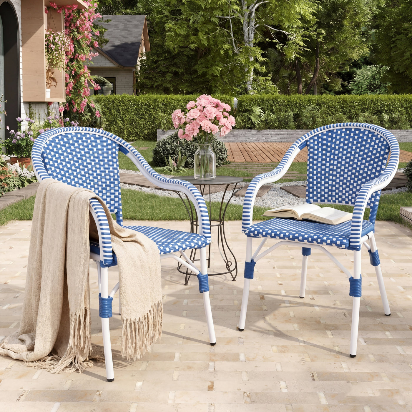 Outdoor Bistro Chairs, Patio Dining Chairs with Aluminum Frame, Weather Resistant PP Rattan Armchairs for Porch, Garden, Backyard, Cafe (Set of 2), White+Blue