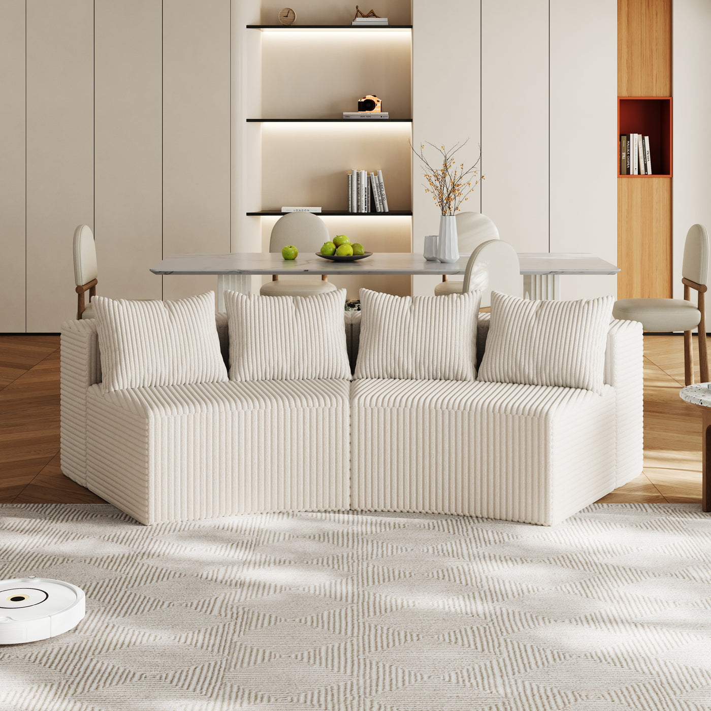 Sectional Sofa Modular Curved Corduroy Beige 2 Seat 4 Pillows