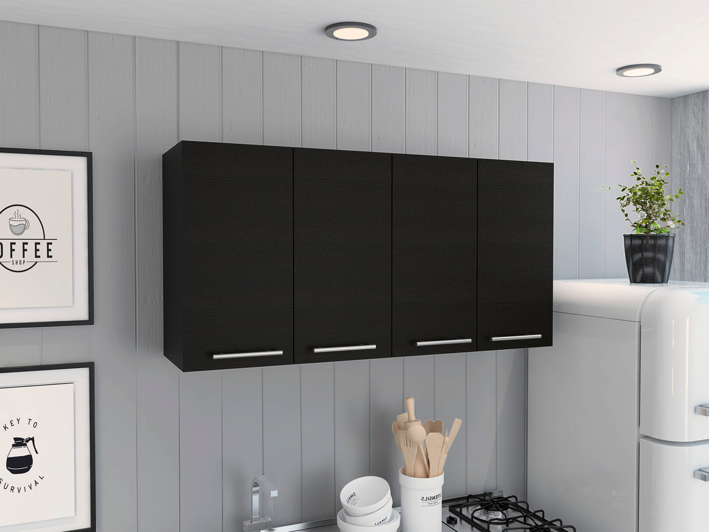 Black Wall Cabinet 4 Door 2 Shelves Storage Unit