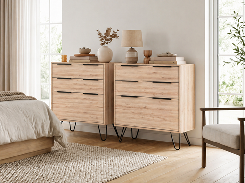 Dresser Modern Set of 2 3-Drawer Beige Particle Board Metal Legs 30.1x35.5 In