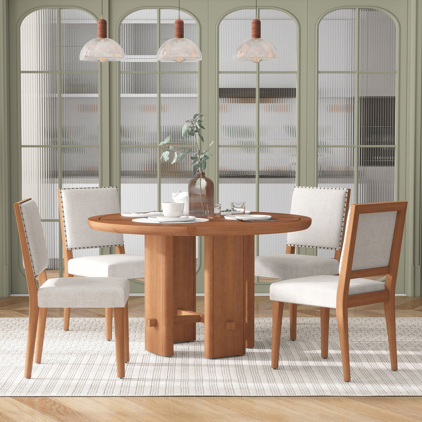 5-Piece Round Dining Table Set for 4, Minimalist Farmhouse Dining Table with 4