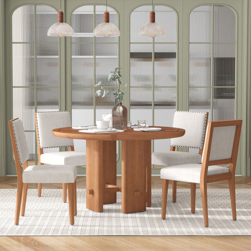 5-Piece Round Dining Table Set for 4, Minimalist Farmhouse Dining Table with 4