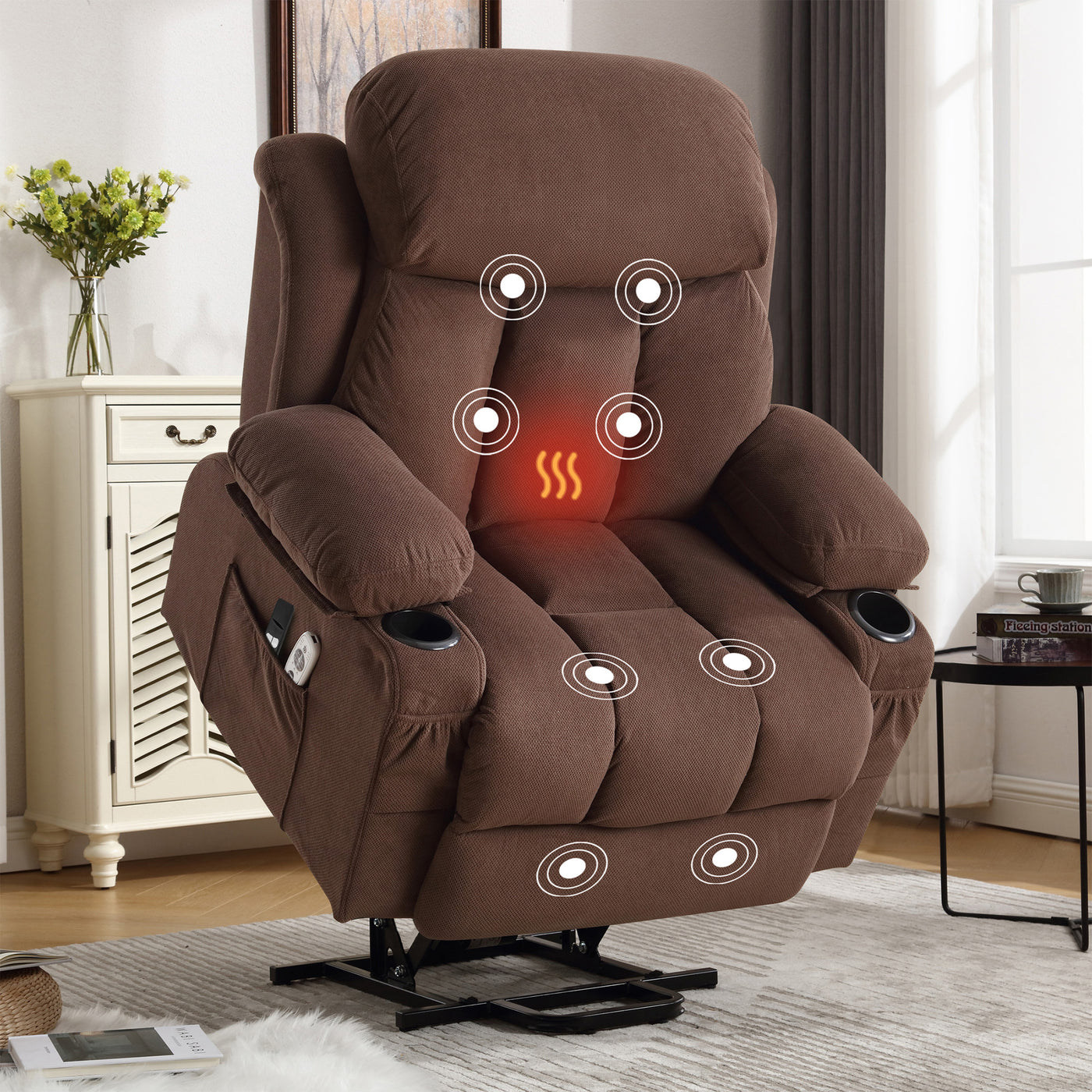 Power Lift Recliner Chair with Heat Massage USB Port Brown