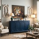 Blue Farmhouse Sideboard Buffet Cabinet, 4 Door Vintage Storage Credenza with De
