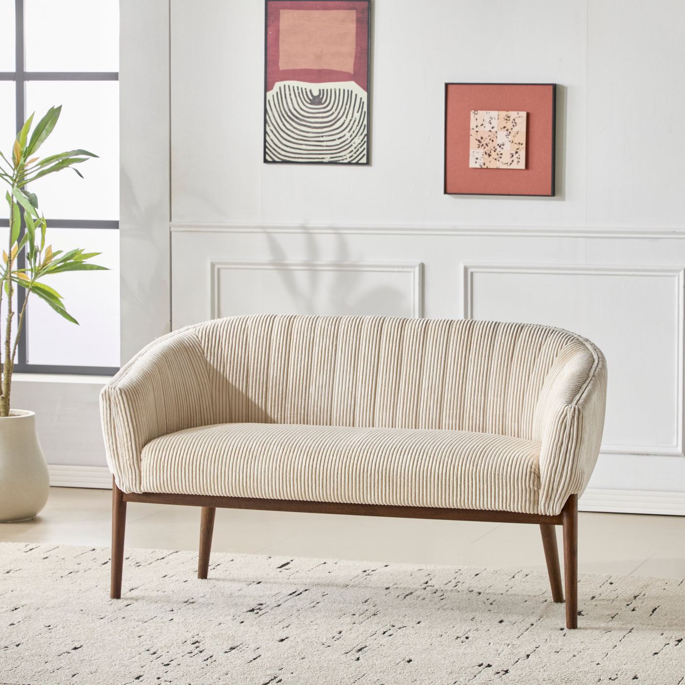 Corduroy Recessed Arm Loveseat(Beige+Walnut-65780)