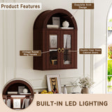Wall Mounted Arched Glass Door Cabinet with Light and Shelves