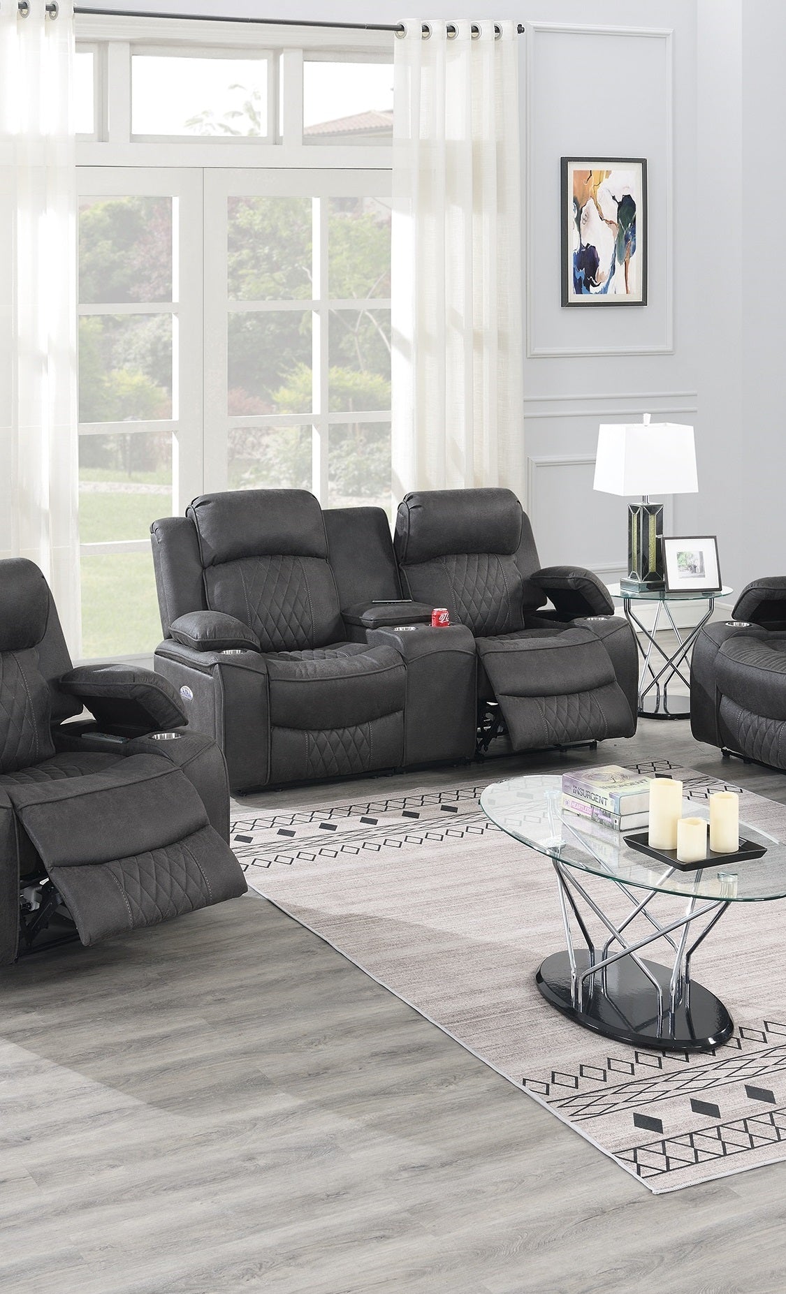 Power Motion Loveseat Contemporary Charcoal Gel Leatherette Storage