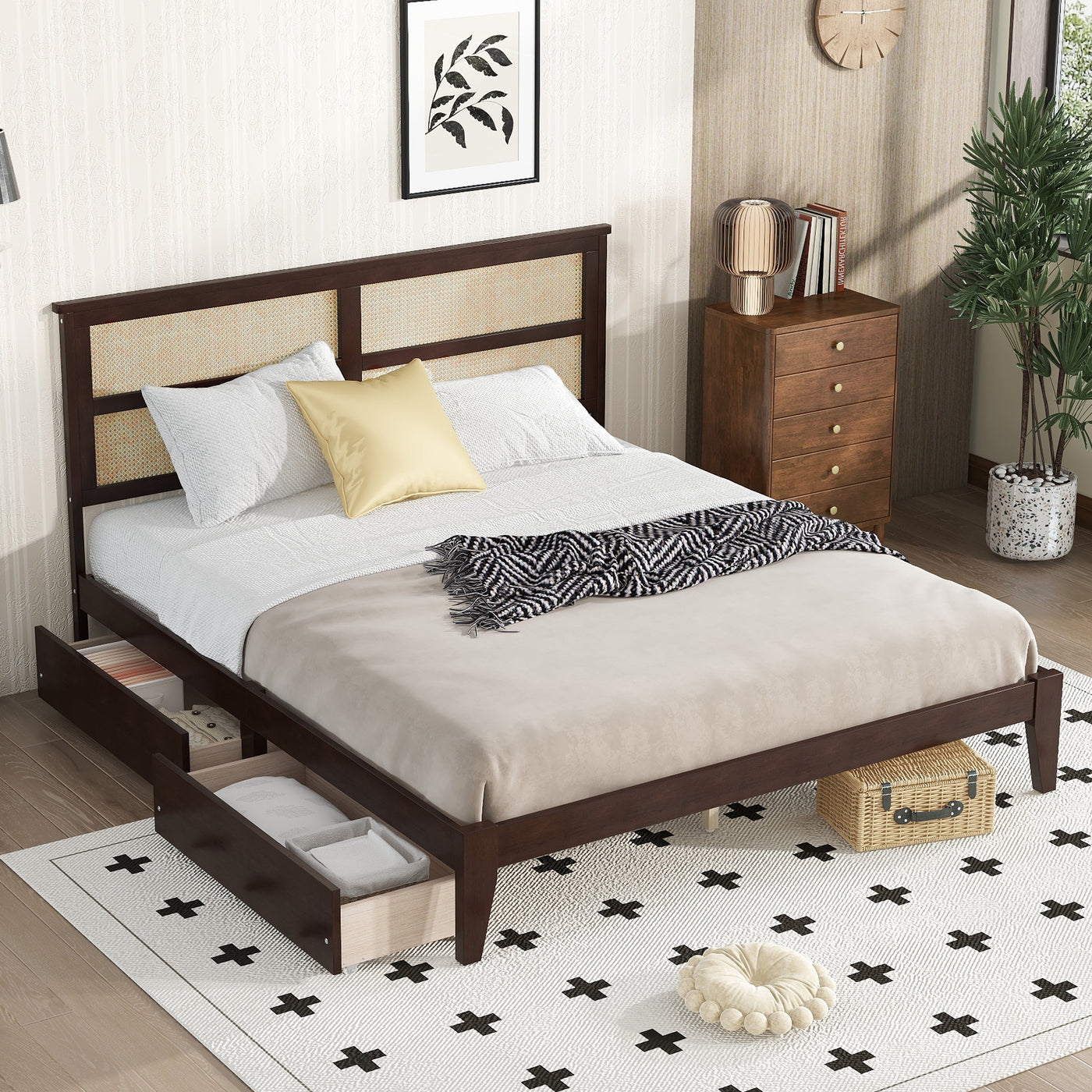 King Size Bed with Rattan Headboard and Storage Drawers