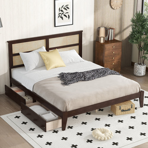 King Size Bed with Rattan Headboard and Storage Drawers