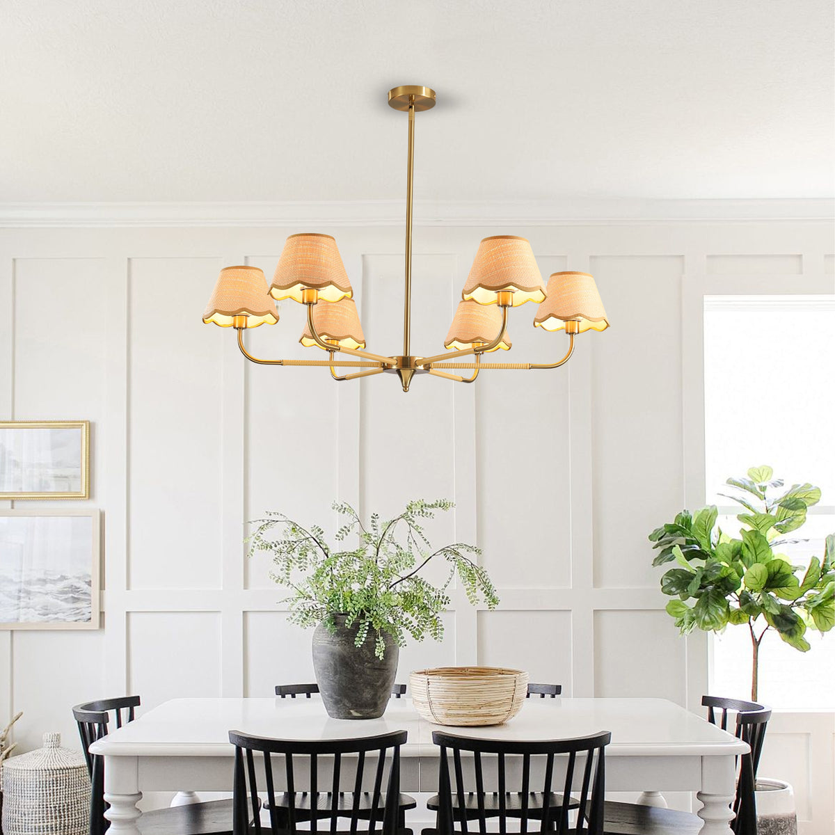 38" Gold 6-lamp Chandelier with Hand-Woven Rattan Lampshade