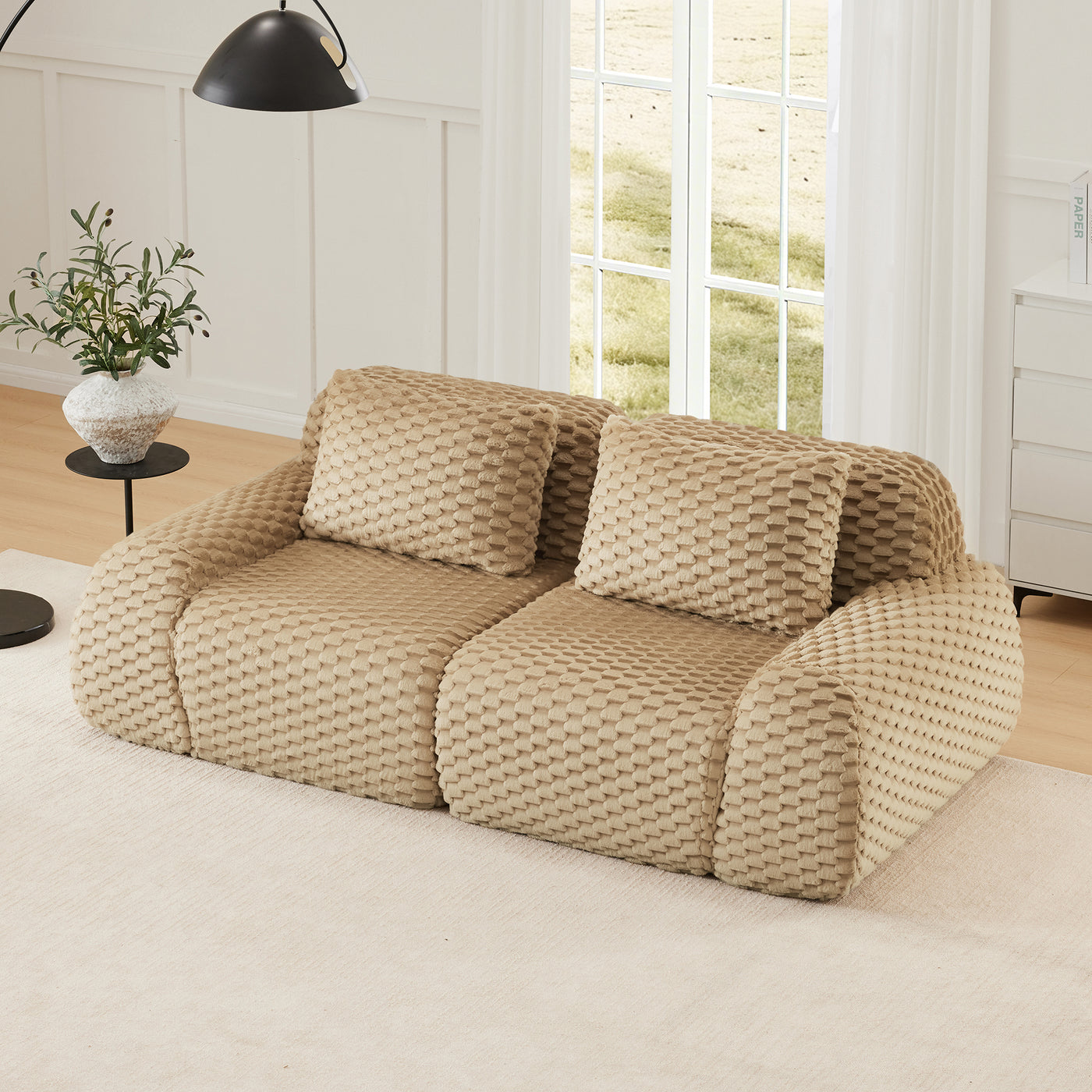 Sectional Sofa Modular Flannelette Camel 2 Seat Curved Footrest