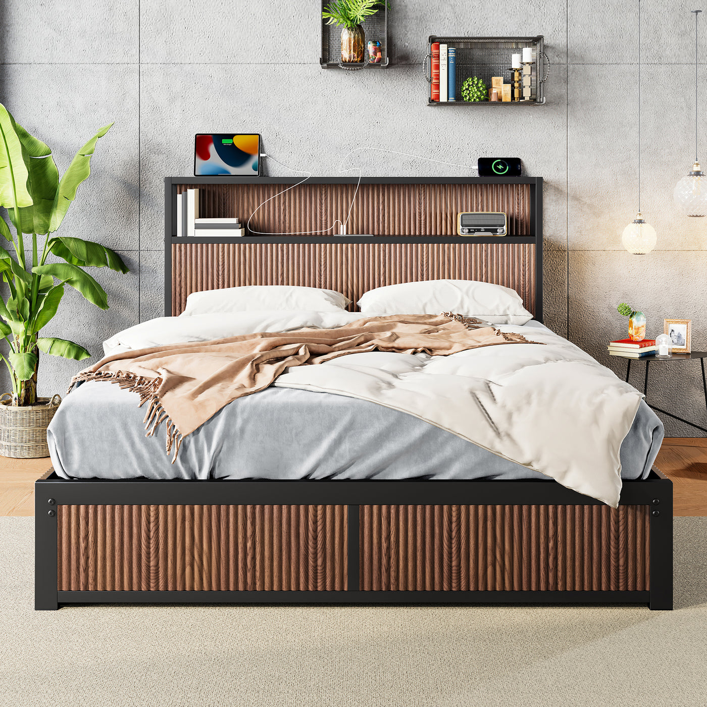 Queen Raised Pattern Storage Bed Frame With Drawers Brown