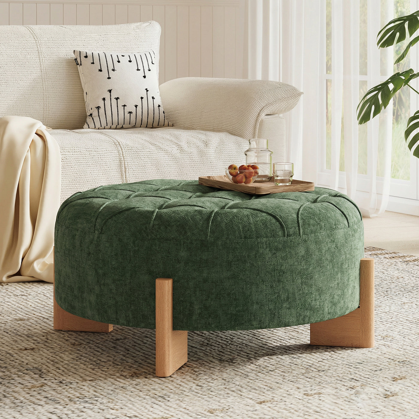 32' Round Tufted Ottoman with Solid Wood Legs, Modern Coffee Table with Tufted Buttons, Piping Lines, Chenille Fabric Footrest for Living Room
