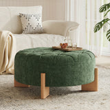 32' Round Tufted Ottoman with Solid Wood Legs, Modern Coffee Table with Tufted Buttons, Piping Lines, Chenille Fabric Footrest for Living Room