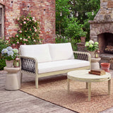 Outdoor Acacia Wood Loveseat & Coffee Table Set with Handwoven Rope, Light Teak