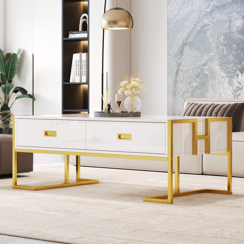 Modern White Rectangular Coffee Table 47.3" 4 Drawers Gold Base