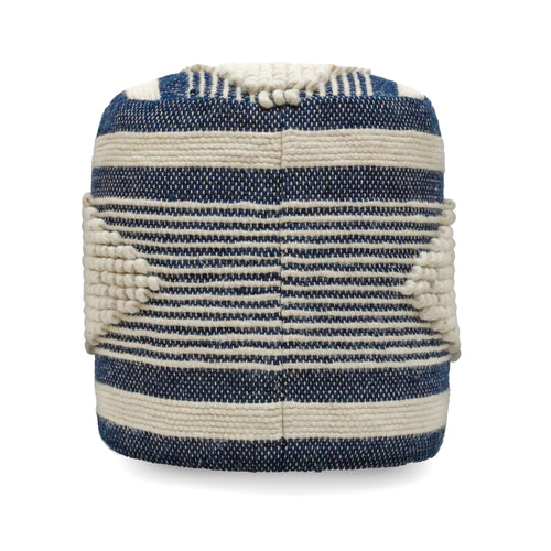 Handcrafted Wool Cotton Diamond Pouf Ottoman 16 inch White Blue