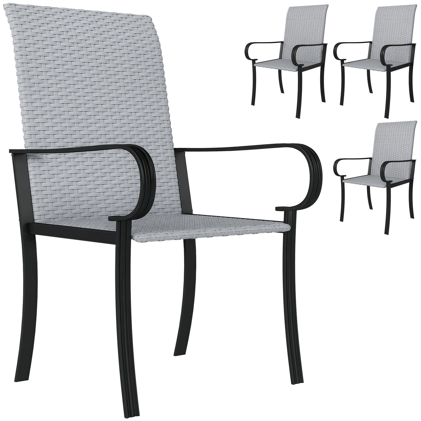 Set of 4 Outdoor Wicker Dining Chairs, Gray Rattan Armchairs